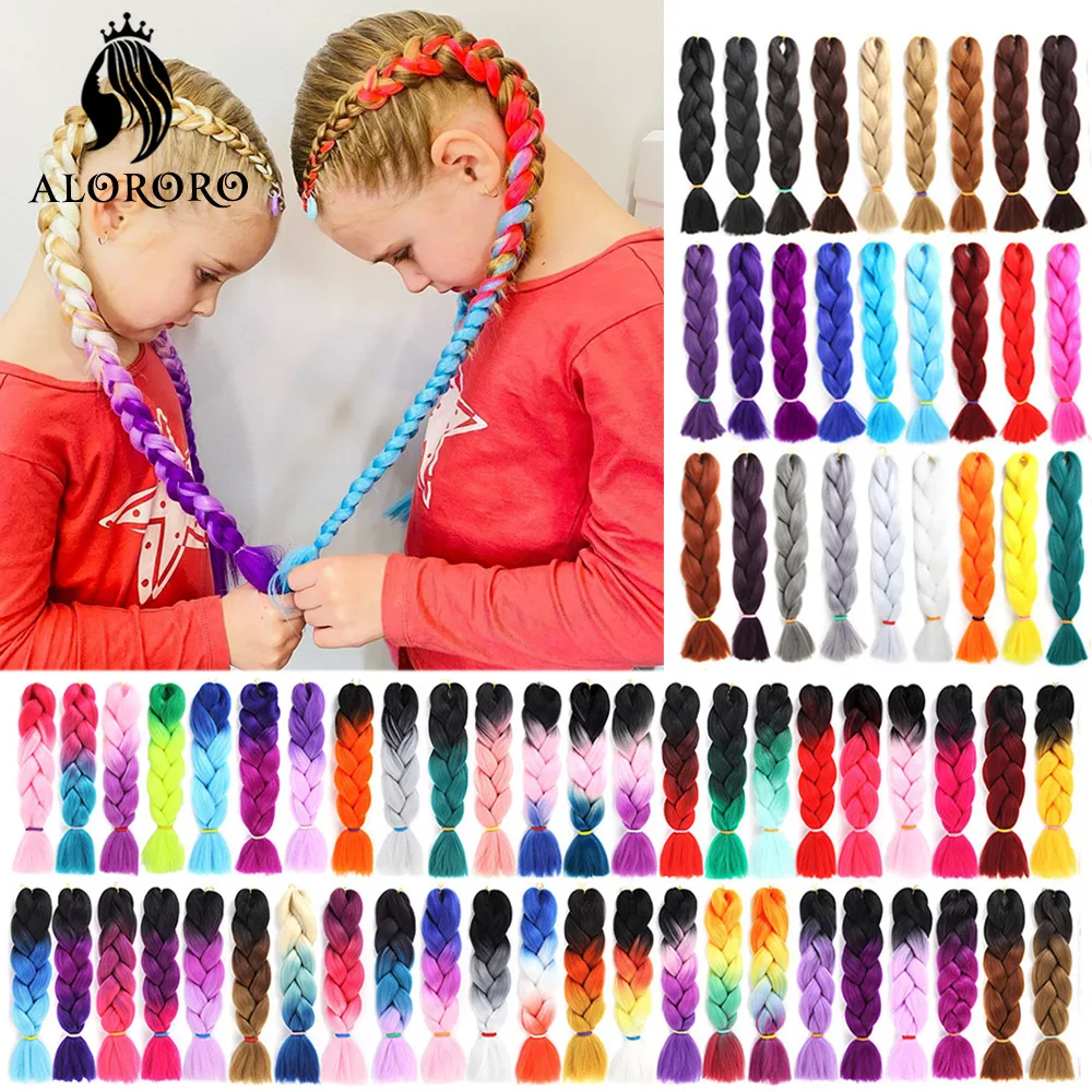 Braiding Hair Extensions 24 Inch Synthetic Kanekalon Afro Pink Green Blue Ombre Crochet Jumbo for Kids Braids Alororo |