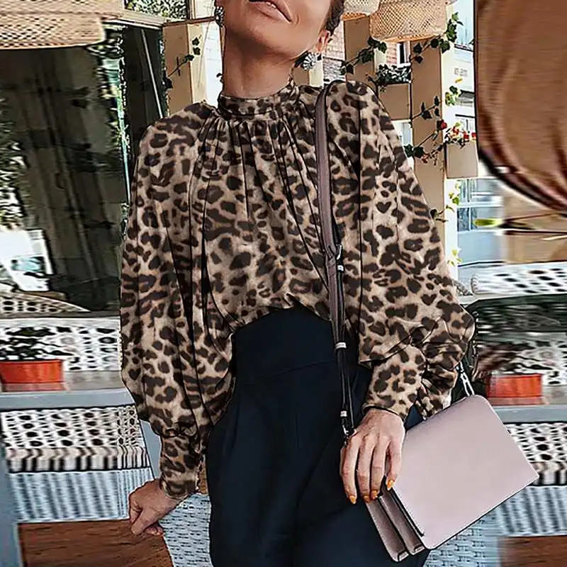 

Elegant Office Ladies Leopard Shirts Women'Tunic Long Sleeve High Neck Casual Tops 2021 VONDA Plus Size Women'Blouse Oversized