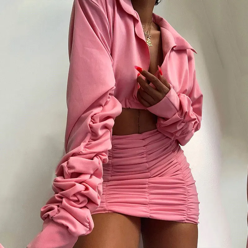 

2021Hot Selling European And American Fashion Slim Two-Piece Female Solid Color Puff Sleeve Pleated Sexy Hip Skirt With One Drop