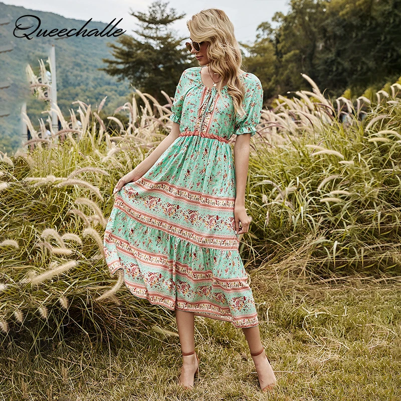 2021 Summer Dress New Round Collar Boho Print Dress Women Casual Princess Sleeve High Waist Dresses for Woman Greeen Vestidos