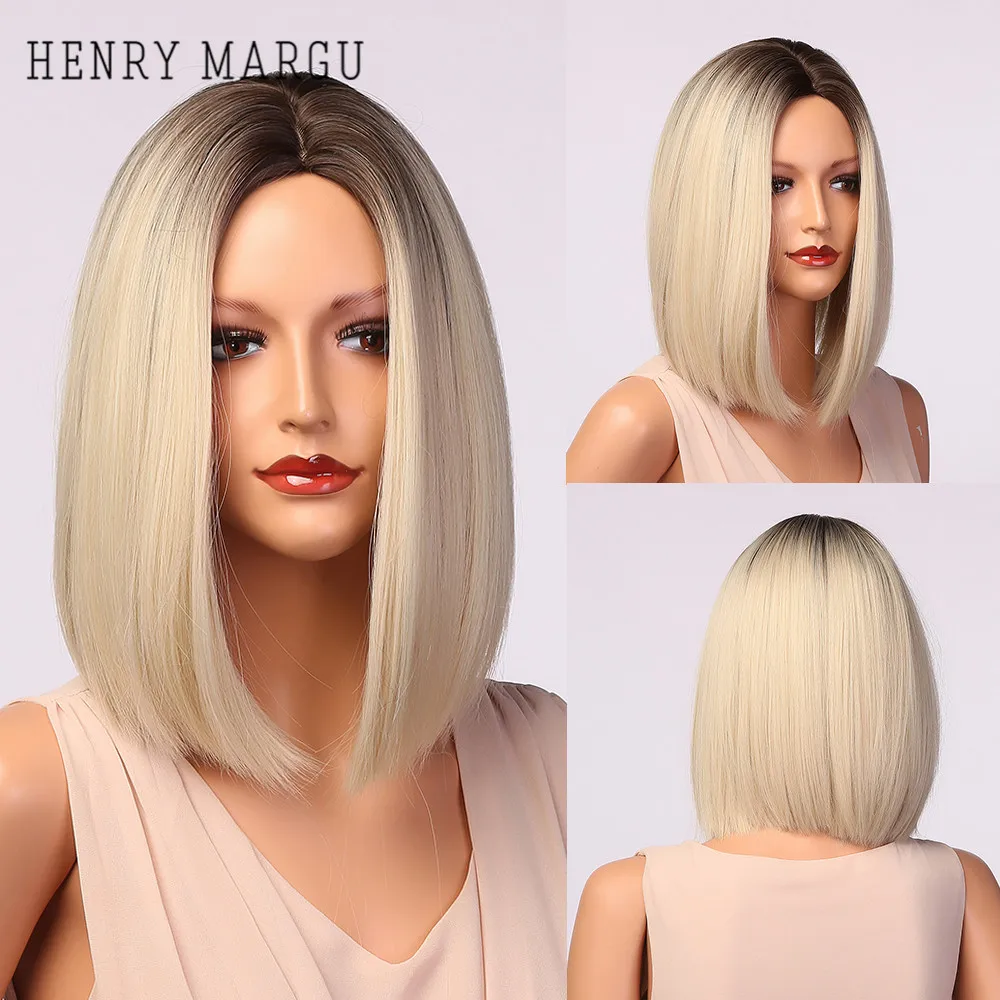 

HENRY MARGU Light White Blonde Ombre Short Bob Wigs for Women Synthetic Straight Hair Wig Natural Cosplay Party Middle Part Wigs