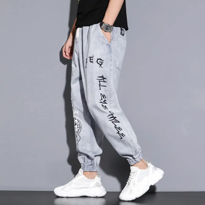 Mens Jeans Brand Letter Printed Ankle Banded Men's Cargo Pants Straight Loose Casual Streetwear Trousers Hip Hop Ripped Jeans