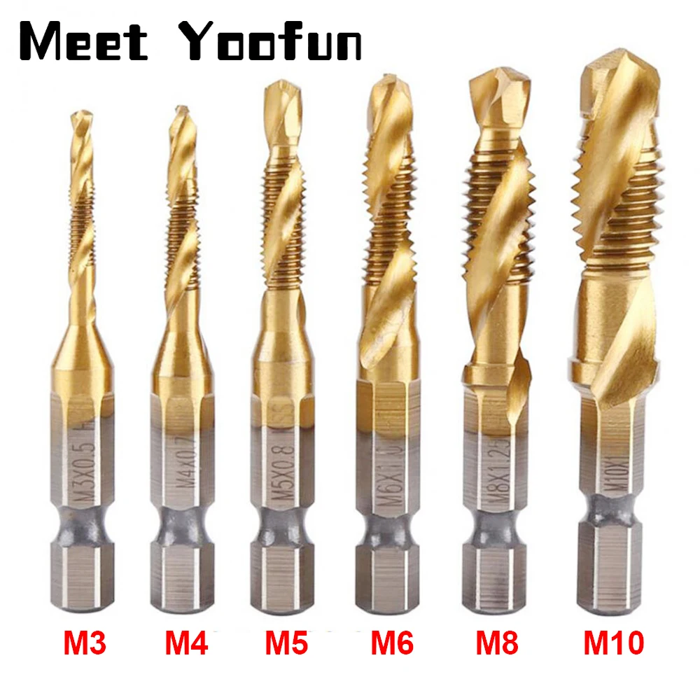 

6Pcs Drill Bits Hex Shank Titanium Plated HSS Screw Thread Metric Tap Screw Machine Compound Taps M3-M10 Hand Tools