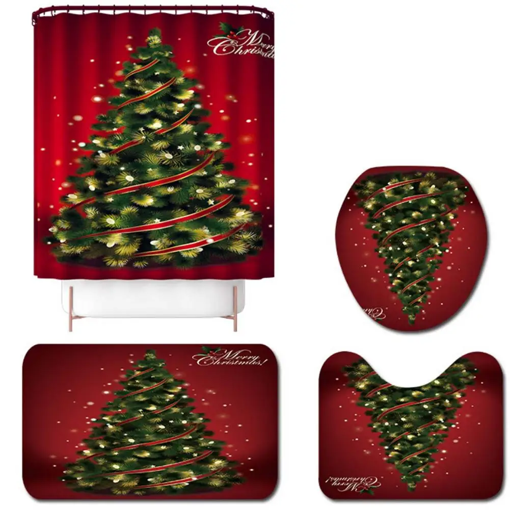 

Christmas Shower Curtain Set Washable Printed Happy New Year Waterproof Curtains For Shower Bathroom Carpet Toilet Cover Mat
