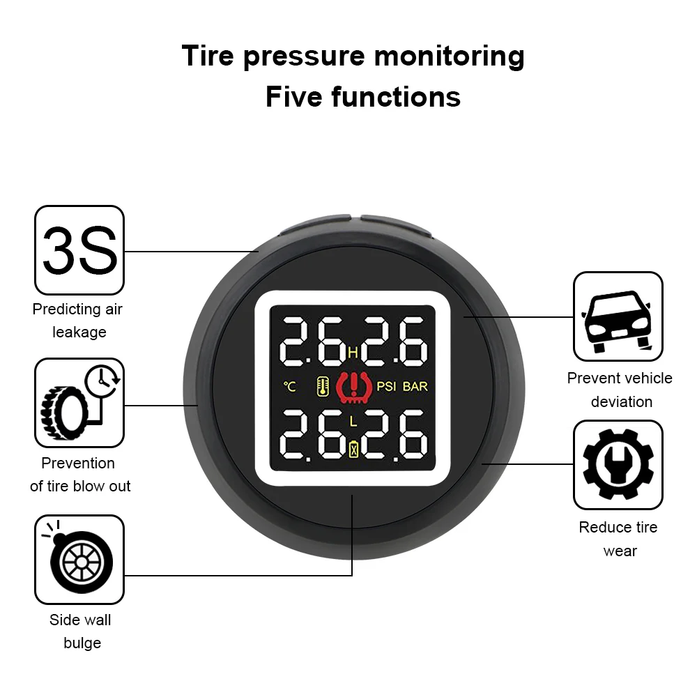 LEEPEE Save Fuel High Temperature Alarm TPMS Cigarette Lighter Type Car Tire Pressure Monitoring System with 4 Internal Sensors |