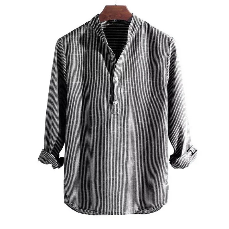 

2021 New Oversized Cotton Long Sleeve Mens Shirts Spring Summer Striped Slim Fit Stand Collar Shirt Male Clothes 4XL