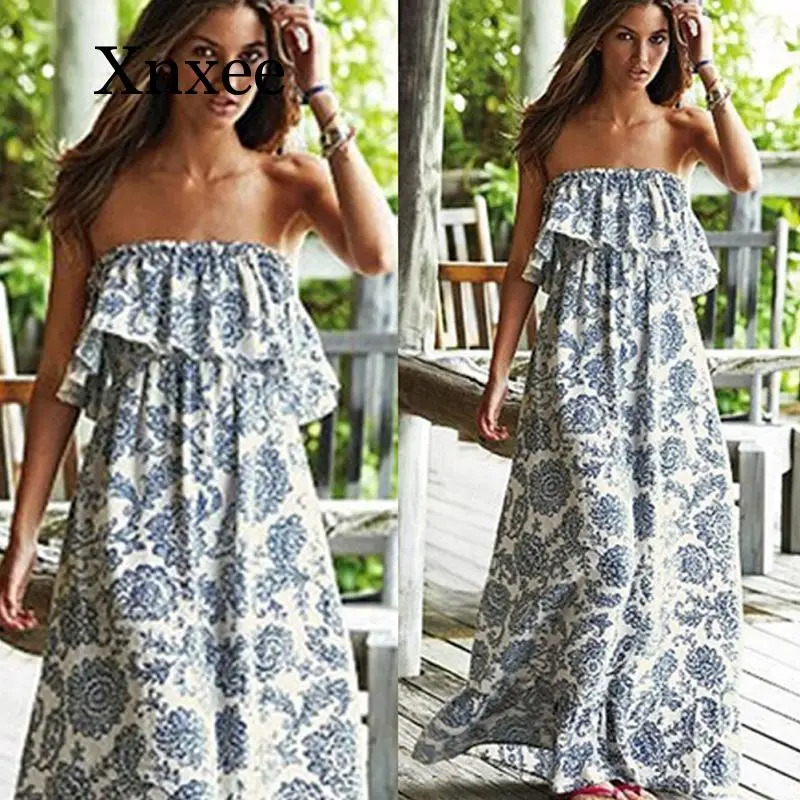 Женское элегантное богемное длинное платье без бретелек с цветочным принтом