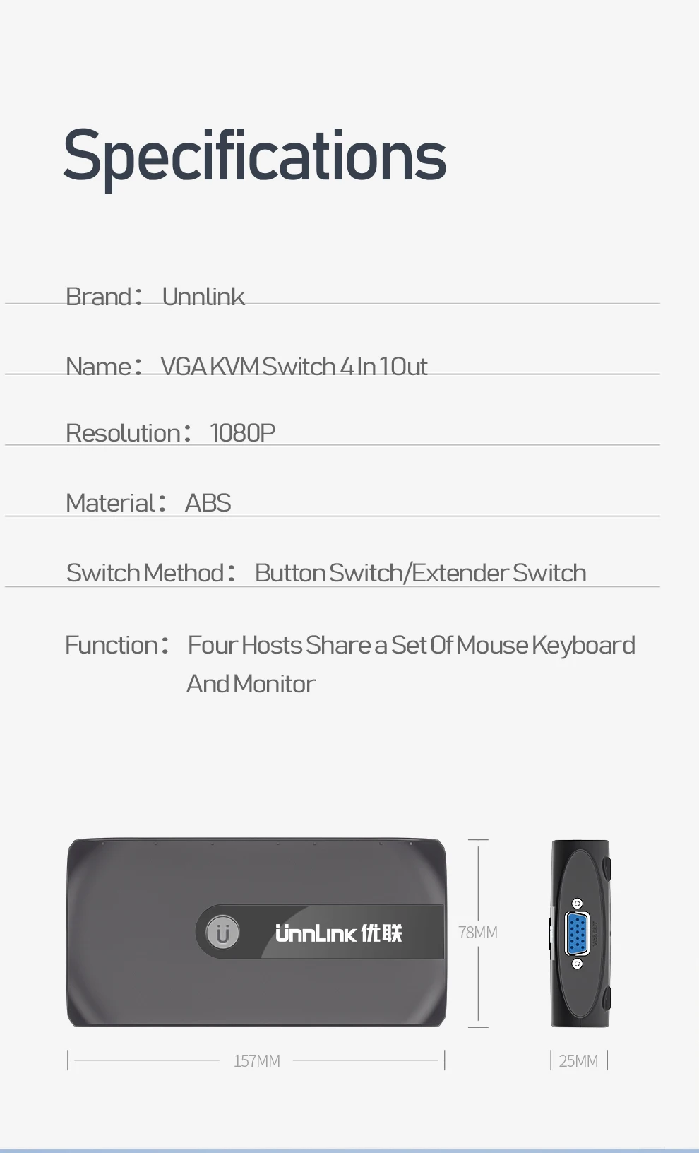 Unnlink 4X1 VGA KVM переключатель коробка Селектор с расширителем 4 порта USB 2,0 общий монитор мышь Клавиатура для 4 компьютера Ноутбуки ПК
