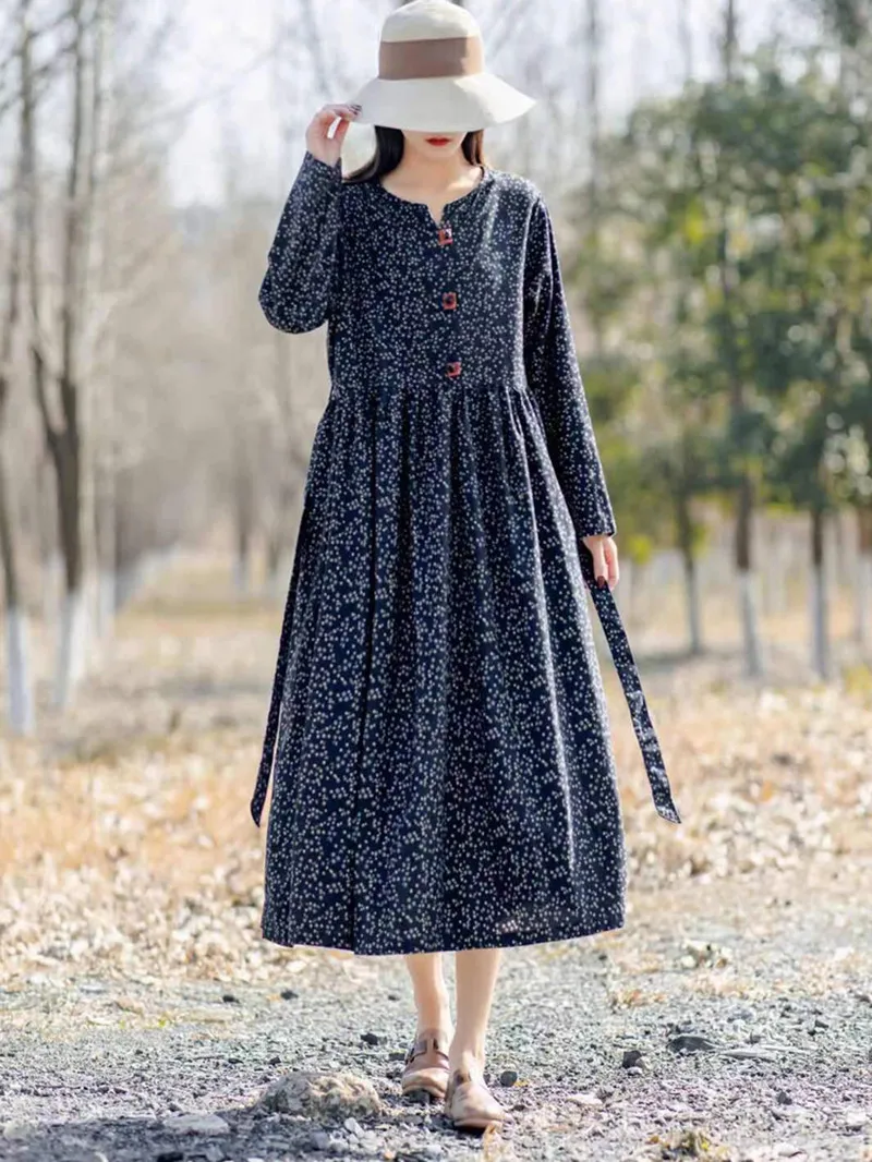 

Lamtrip Unique V-Neck Bow Belt Cotton Retro Floral Print Long Dress 2021 Spring