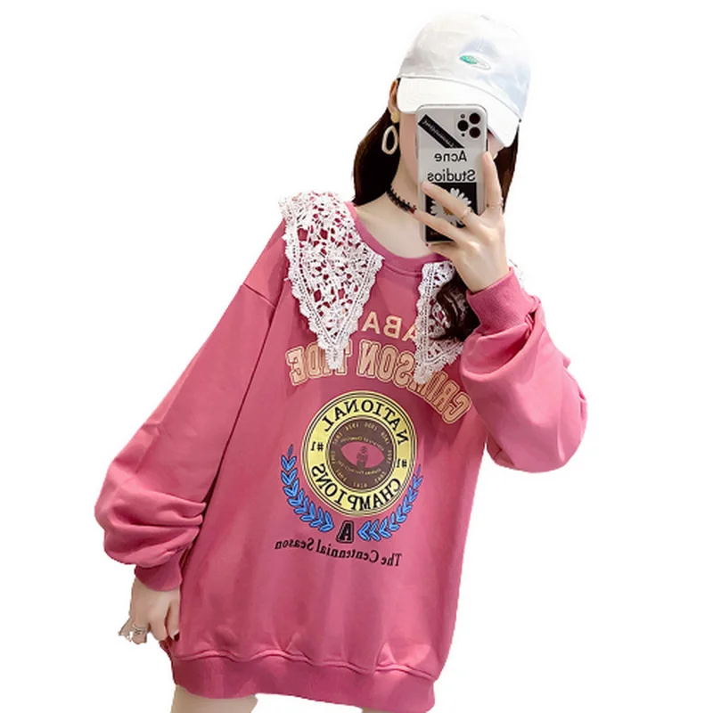 

CN 2021 Spring Autumn Women Sweatshirt Fashion Korean Lace Patchwork Pullover Casual Long Sleeve Kawaii Sweatshirt Women