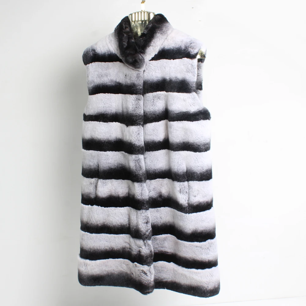 Женский Длинный жилет из натурального меха Шиншилла зимний теплый 100% кролика