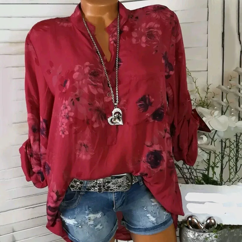 2019 Осенняя женская рубашка модная с v-образным вырезом длинными рукавами
