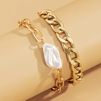 2pcsset geometric fashion link chain bracelets set for women bohemia pearl multilayer charm bangles fashion party jewelry gift