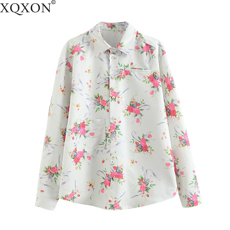 

Summer Button Up Shirt New Style Women Fashion Rose Flower Print Lapel Oversize Shirt Top
