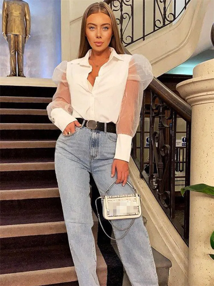 Модные женские топы и блузки элегантные сетчатые пышные рубашки с длинным