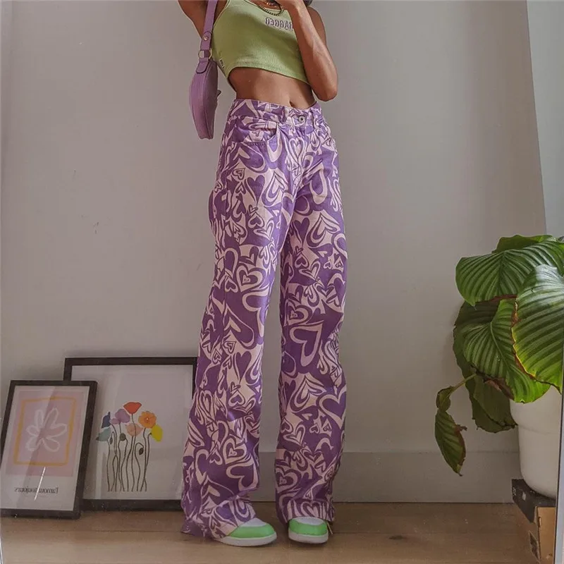

Fashion Y2K Heart Print Jeans Women Casual High Waist Vintage Straight-leg Pants Punk Style 90s Streetwear Oversized Trouser
