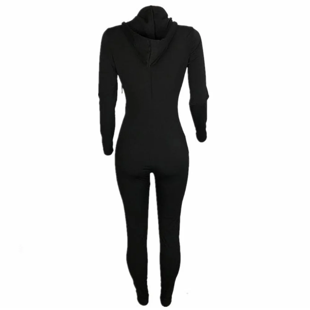 

Long Sleeve Bodycon Jumpsuit Romper Female Overalls Zip Up Front Sexy Bandage Club Outfit Women Sport Running Hooded Jumpsuits