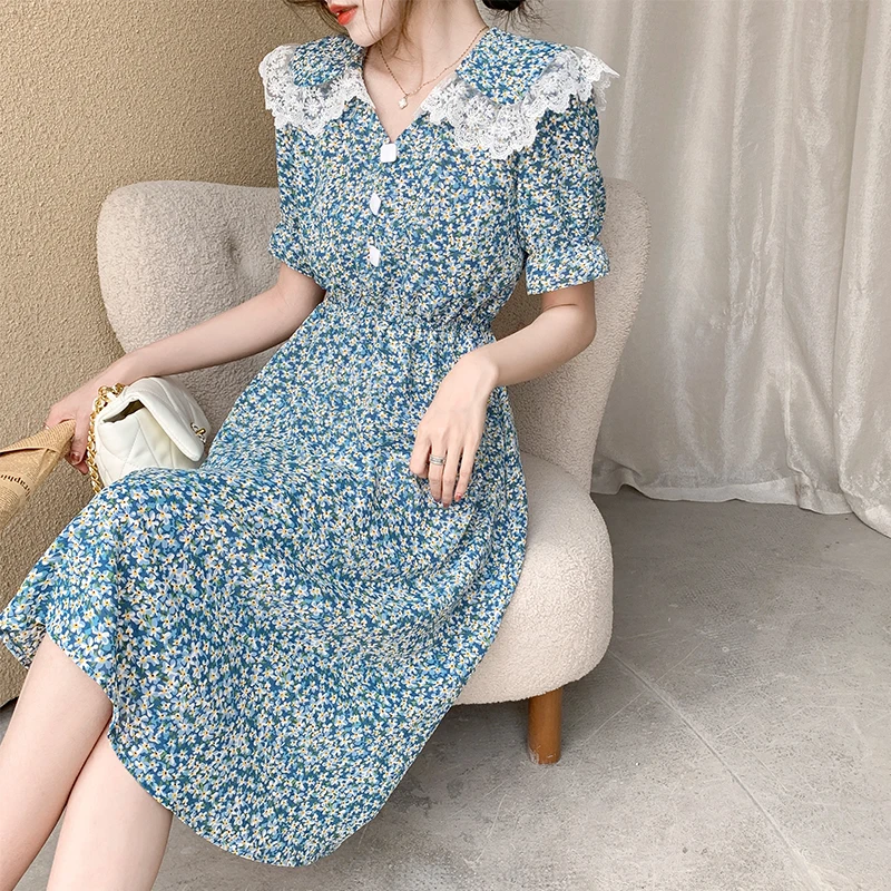 2024 летнее Модное шифоновое кружевное пляжное платье миди с принтом корейское