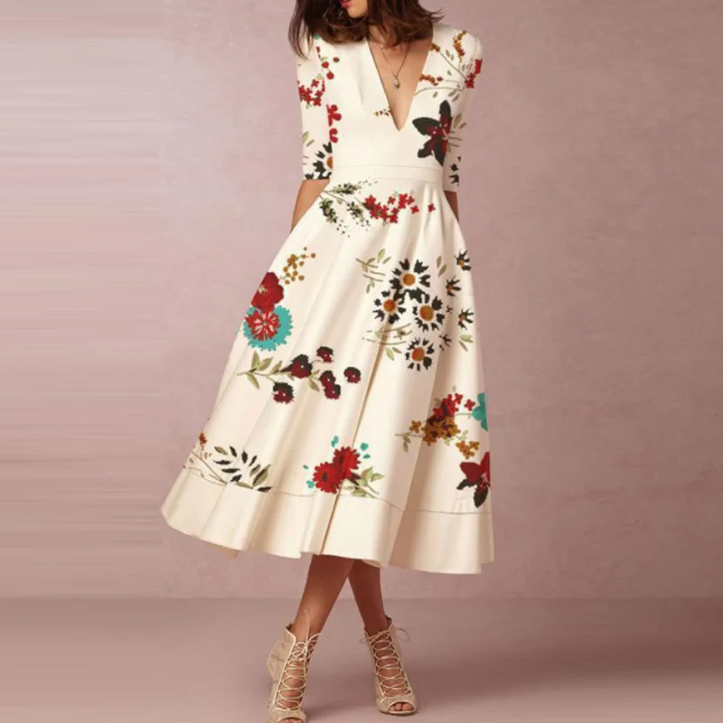 

Women Slim Pleated Half Sleeve Pullover Party Dress Elegant Floral Printed Maxi Dresses Casual V-neck Temperament Ladies Dresses