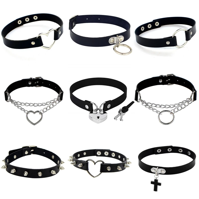 

Punk PU Leather Lock Key Heart Round Spike Rivet Collar Studded Choker Necklace Body Birthday Party Gifter Jewelry