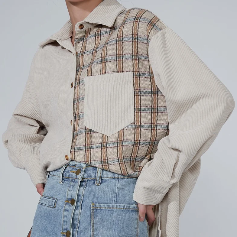 

Vintage Women Shirts Autumn Winter Fashion Harajuku Korean Style Button Up Shirt Splice Check Print Blouse Women Long Sleeve Top