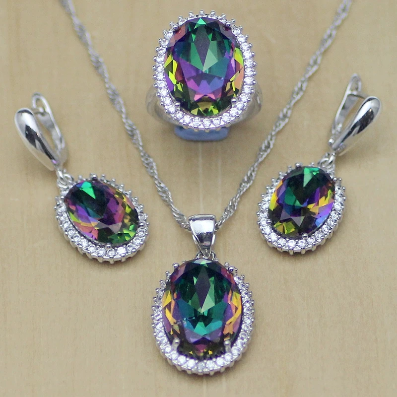 

Mystic Rainbow Fire Zircon Jewelry Set Women 925 Sterling Silver Jewelry Wedding Earrings/Pendant/Necklace/Rings T233