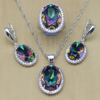 mystic rainbow fire zircon jewelry set women 925 sterling silver jewelry wedding earringspendantnecklacerings t233