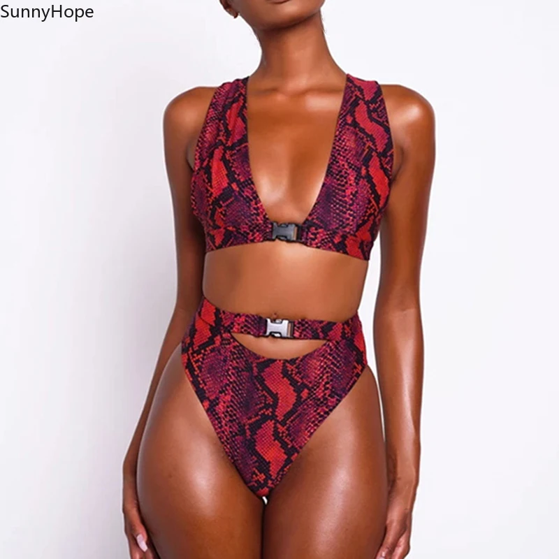 

Buckle High Waist Bikini Set 2020 African Swimwear women swimsuit Sexy Red Snake Print Bathing suit Female Bikinis Brazilian