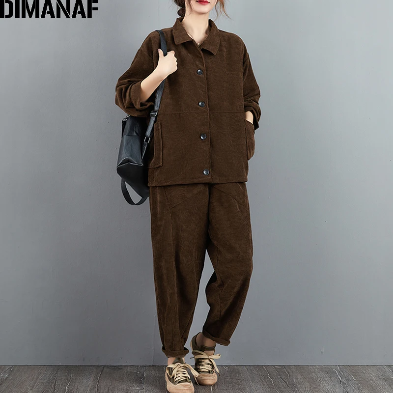 DIMANAF Winter Women Two Piece Set Suit Clothing Vintage Corduroy Thick Oversize Solid Lady Loose Outerwear Long Pants Pant Sets