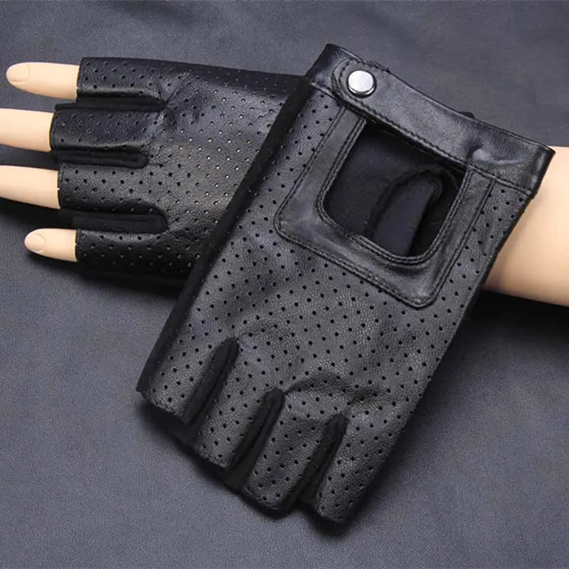 Мужские кожаные перчатки без пальцев Goatskin унисекс Guantes фитнес с половиной пальца упражнения вождения противоскользящие, из дышащей ткани перчатки черные
