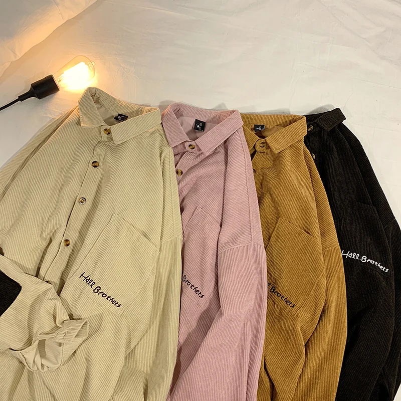 

2019 Autumn And Winter New Youth Popular Corduroy Embroidery Long-sleeved Shirt Fashion Casual Solid Color Base Shirt M-2XL