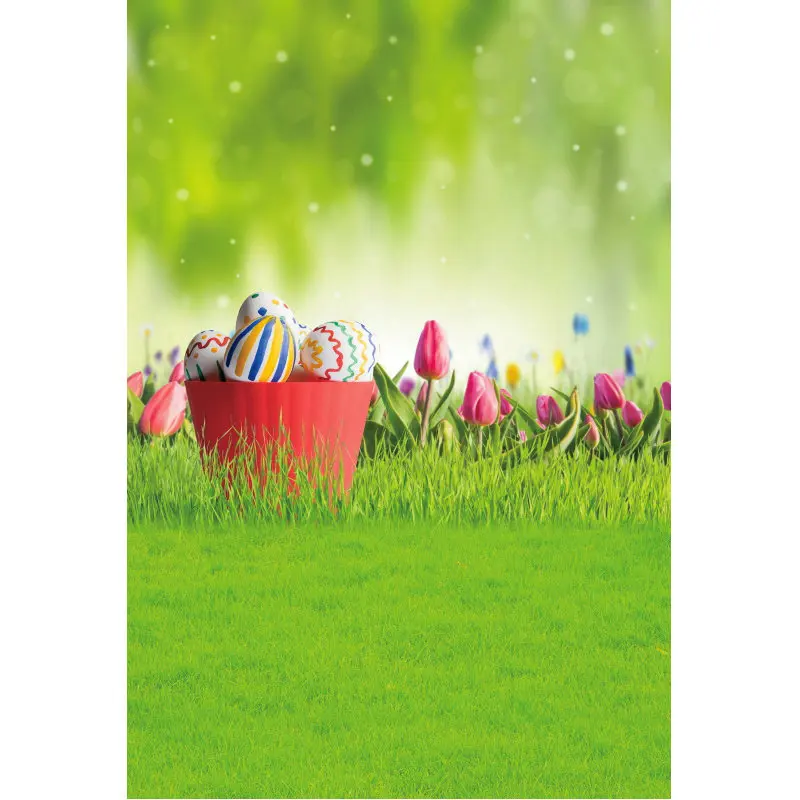 

Happy Easter Backdrop Flower Eggs on the Grass Photography Background Family Party Decor Photo Booth Studio Prop