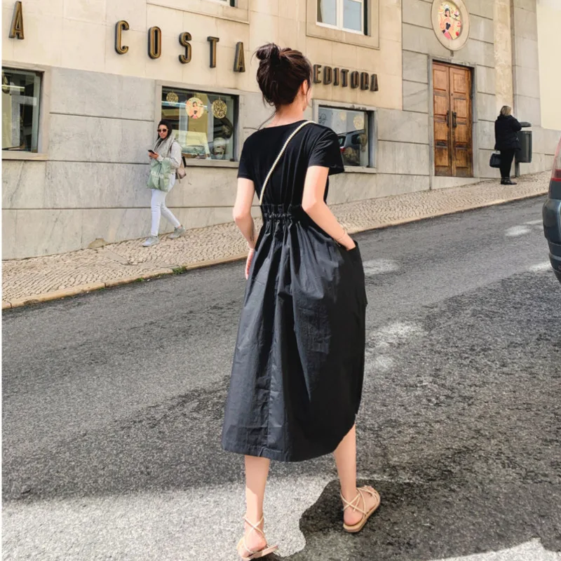 

Summer Women Fabulous French Niche Dress Solid O-Neck Short Sleeve T-sShirt Splicing Medium Length A-Line Skirt Fashion Tie SD3