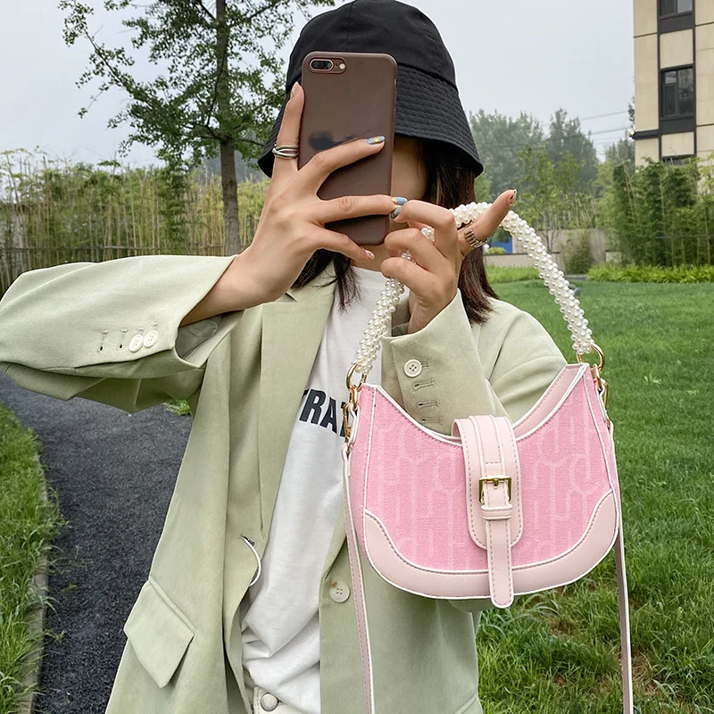 

Fashion shoulder bag female 2021 new pearl handle messenger bag French canvas print crescent underarm bag women handbag