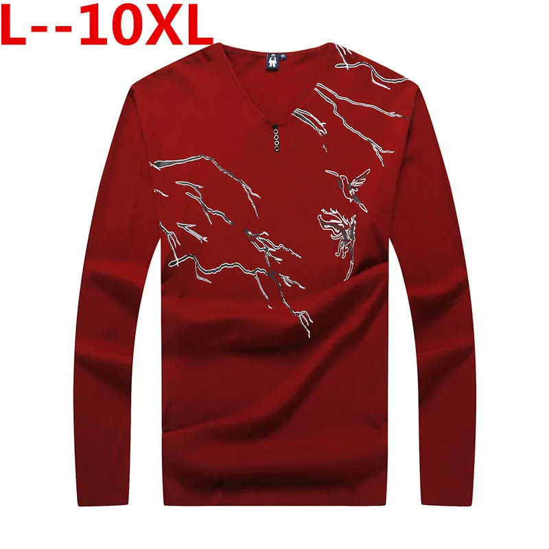 Плюс 8XL 7XL 6XL Новая Осенняя мужская футболка с длинным рукавом хлопковый