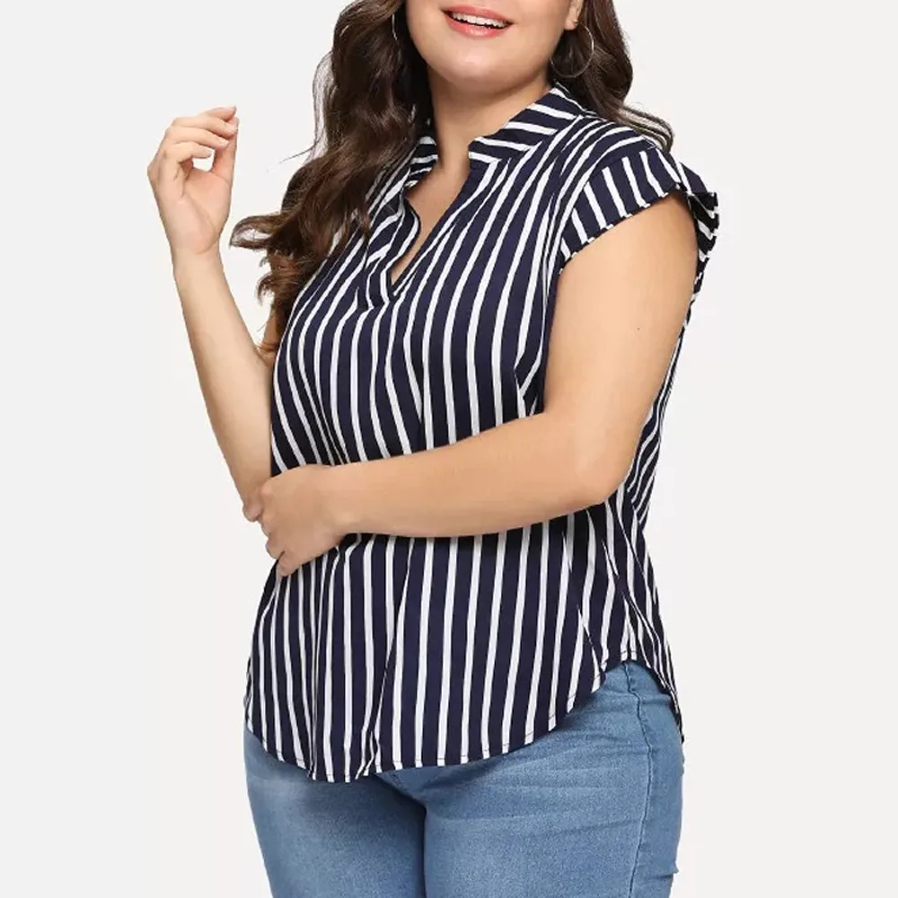 

Plus Size Clothing Summer Women Loose Casual Tops Shirts V-neck Stripe Print Sleeveless T-shirt Tee Blouse Ropa Mujer Топик Женс