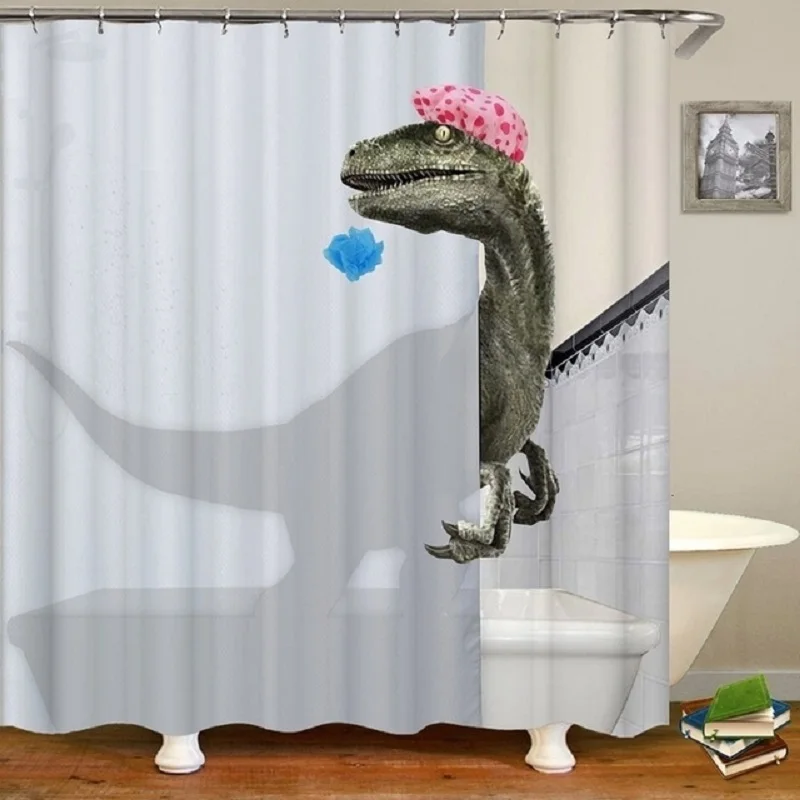 Cute Dinosaur Funny Shower Bathroom Curtain Waterproof Cat Green Leaves Fabric Pastel Toilet Door Curtains Modern Marble Cortina
