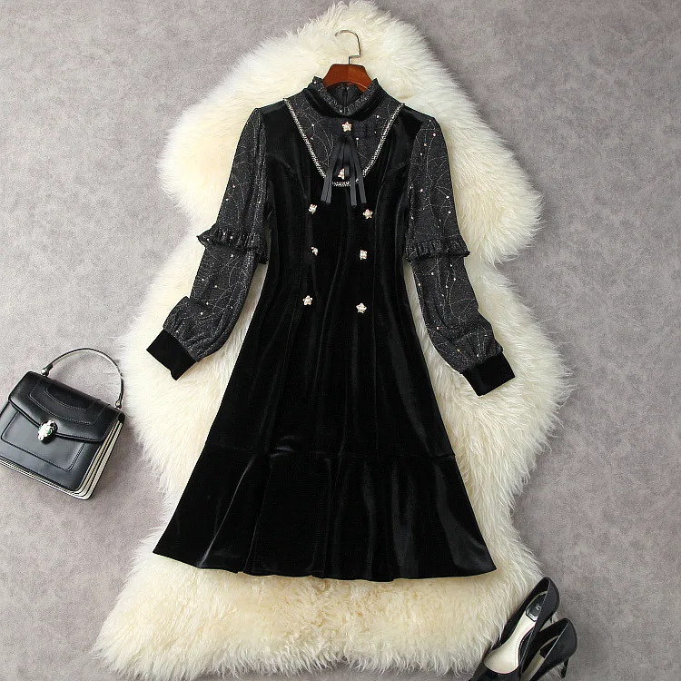 

Женская одежда в европейском и американском стиле, Новинка осени 2022, модное бархатное платье с длинным рукавом и воротником, прошитыми буси...