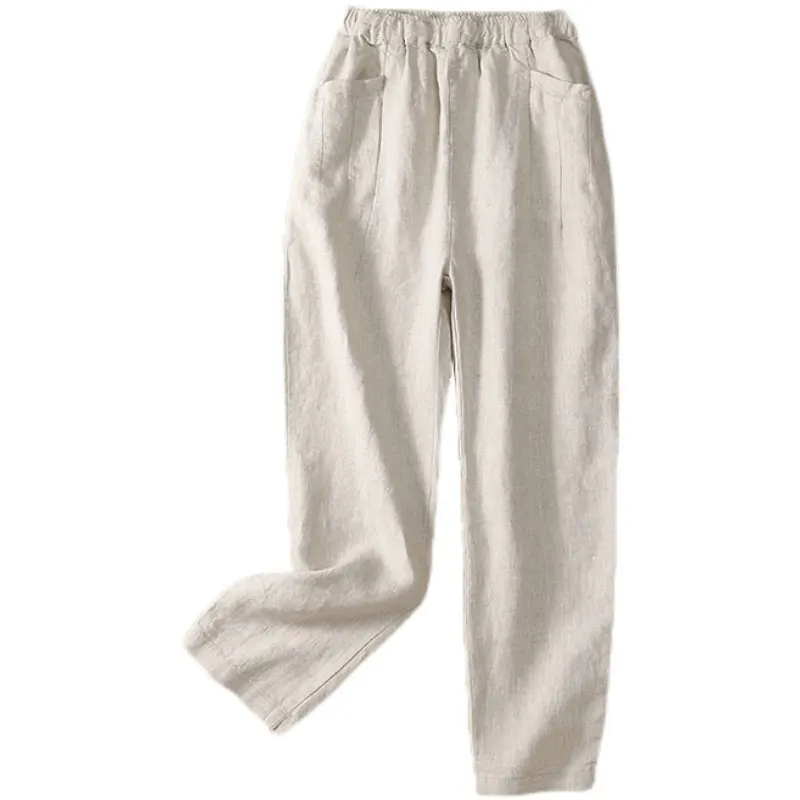 

New 2021 Summer Arts Style Women Loose Casual Elastic Waist Harem Pants Double Pocket Cotton Linen Solid Ankle-length Pants V318