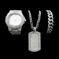 watch necklace bracelet for men 3pcsset luxury iced out watch men bling cuban chains square pendant gold mens watches relojes