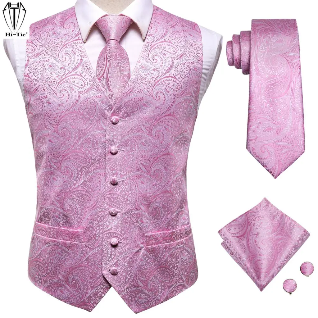 

Hi-Tie 100% Silk Mens Vests Pink Paisley 4PC Waist Jacket Necktie Hankerchief Cufflinks Set Slim Fit Waistcoat for Wedding Party