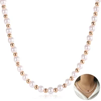 imitation pearl necklace for women elegant 610mm 585 rose gold color beaded chain girls fashion jewelry gift 22inch new lcnm03