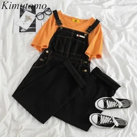 kimutomo vintage fashion womens loose denim pants overalls ladies bright line jeans trousers jumpsuit black drop shipping