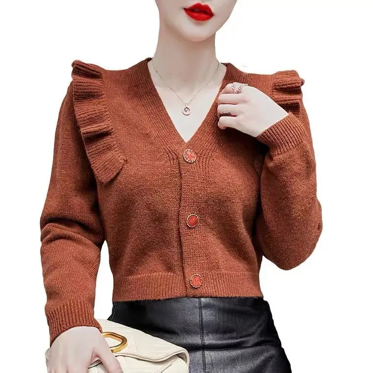 

Women 2021 Autumn Winter New Ruffled Short Knitted Outwear Female Loose Cardigan Sweater Coat Ladies V-neck Long Sleeve Top Q366