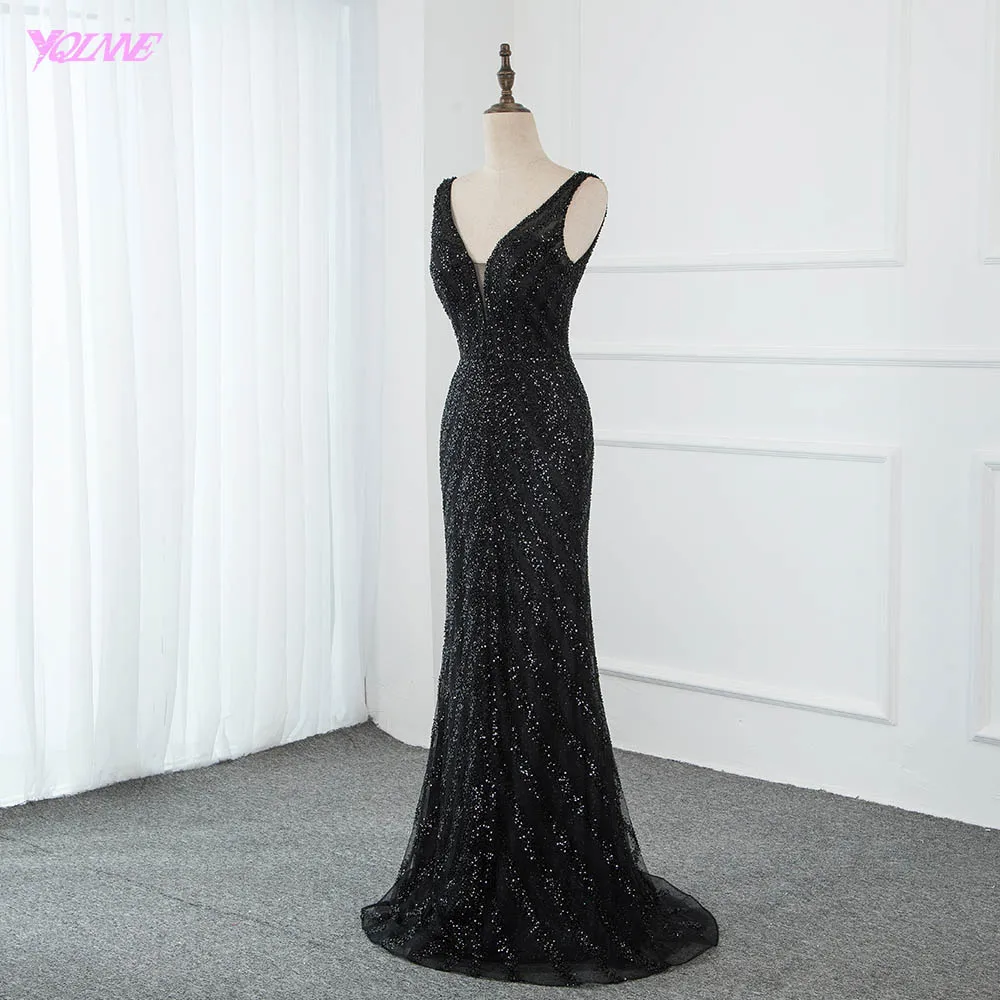 Сексуальные черные вечерние платья YQLNNE с V-образным вырезом и бисером длинное