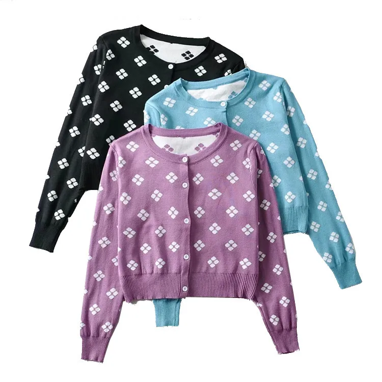 

2020 Autumn Winter Women's Flower Floral Female Short Sweater O Neck Single Breasted Sweater Lady Knitted Cardigan