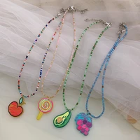 ins style y2k fruit pendant necklace colorful acrylic sead beads candy colors pineapple avocado grape chain jewelry for girls