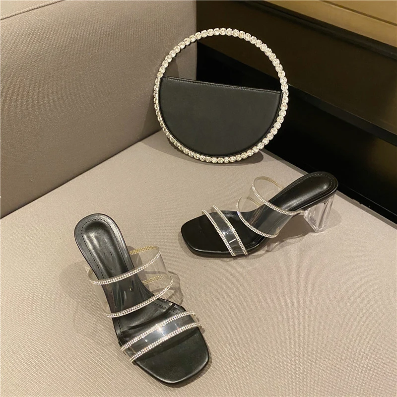 

Women's sandal slippers Block High Heels Slides Sexy Shoes Ladies Casual Flip Flops Rhinestone Transparent Heels Mules Sandals
