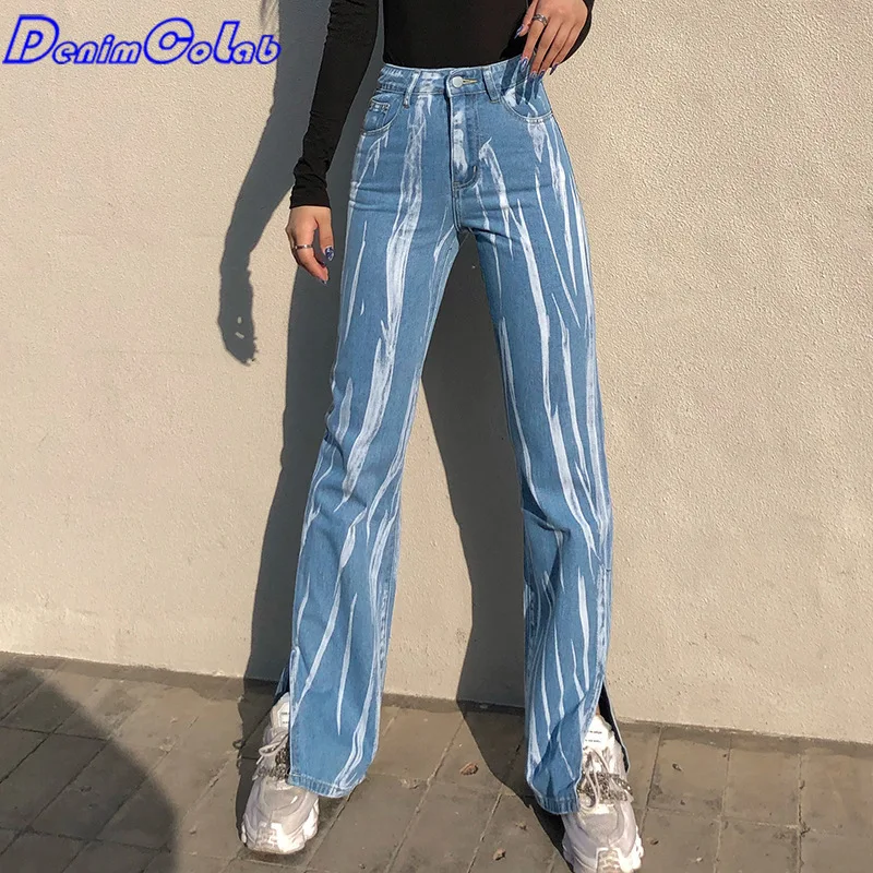 

DenimColab Fashion Graffiti Print High Waist Straight Pants Women Elastic Leg Split Streetwear Jeans Office Lady Stretch Trouser