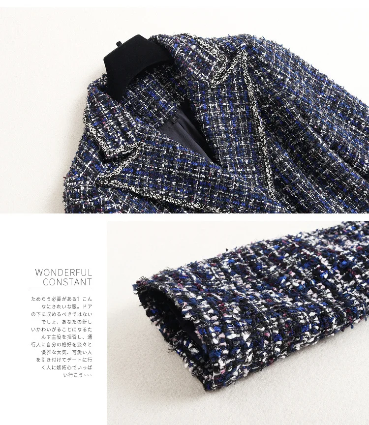 

jacket blue tweed women's transition Spring/Autumn Plaid Button Long Double Breasted winter coats trench coat for women